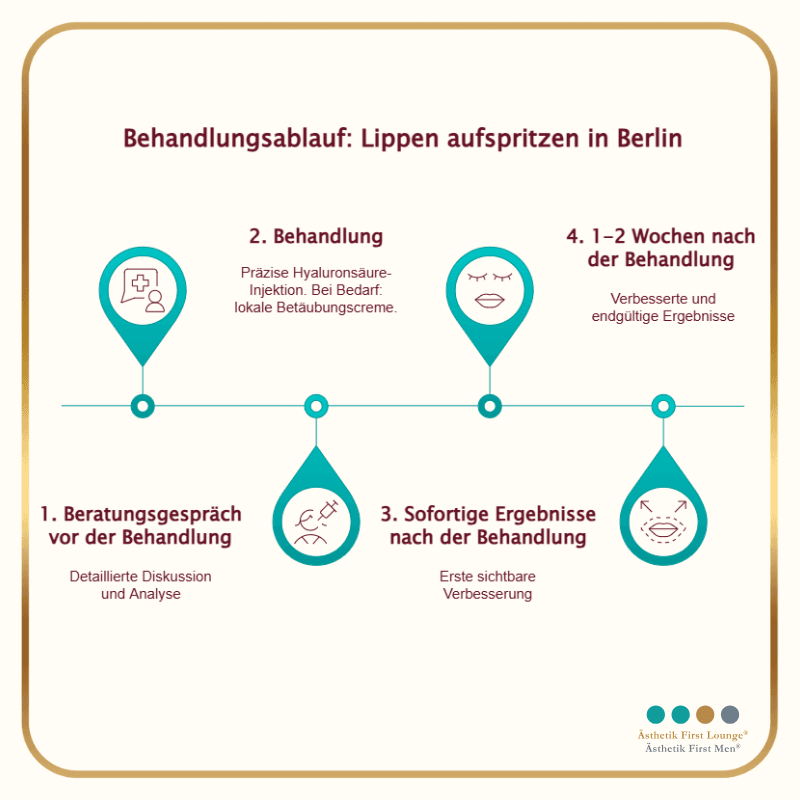 Grafik zeigt den Ablauf einer Lippenaufspritzung in Berlin – von Beratung über Behandlung bis zu den Ergebnissen nach 1–2 Wochen.