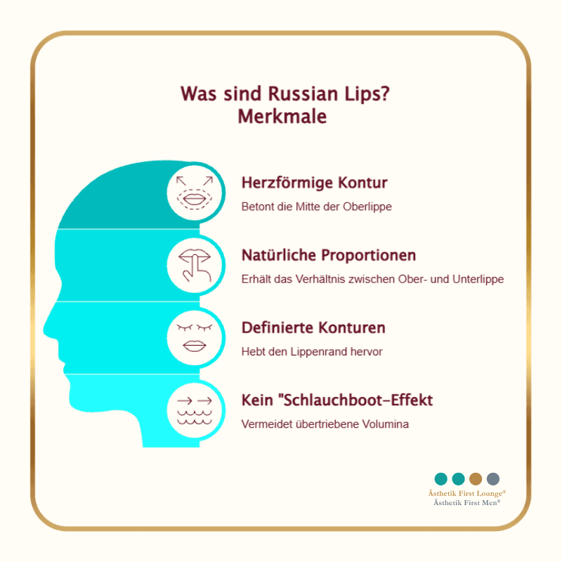 Infografik erklärt Merkmale von Russian Lips: herzförmige Kontur, natürliche Proportionen, definierte Konturen und kein „Schlauchboot-Effekt“. ChatGPT fragen