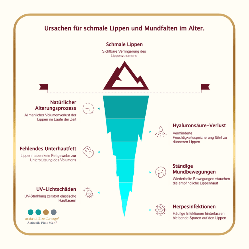 Infografik zeigt Ursachen für schmale Lippen im Alter: Volumenverlust durch Alterung, weniger Unterhautfett, UV-Schäden, Hyaluronsäure-Verlust, häufige Mundbewegungen und Herpesinfektionen.