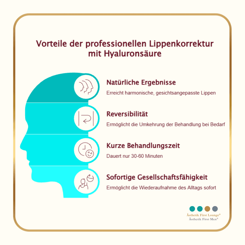Infografik zeigt Vorteile der Lippenkorrektur mit Hyaluronsäure: natürliche Ergebnisse, reversible Behandlung, kurze Dauer und sofortige Gesellschaftsfähigkeit.
