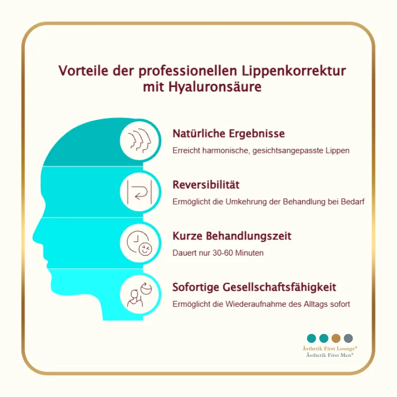 Infografik zeigt Vorteile der Lippenkorrektur mit Hyaluronsäure: natürliche Ergebnisse, reversible Behandlung, kurze Dauer und sofortige Gesellschaftsfähigkeit.