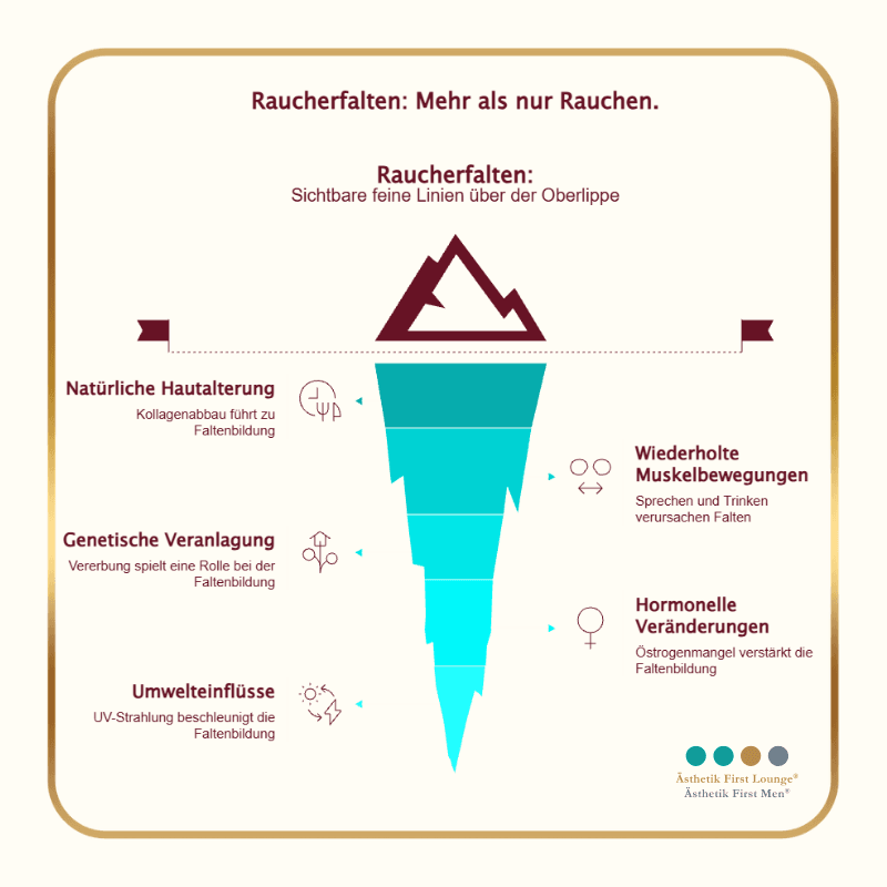 Infografik zeigt, dass Raucherfalten über der Oberlippe nicht nur vom Rauchen stammen, sondern auch durch Alterung, Genetik, UV-Strahlung, Muskelbewegungen und hormonelle Veränderungen verursacht werden.