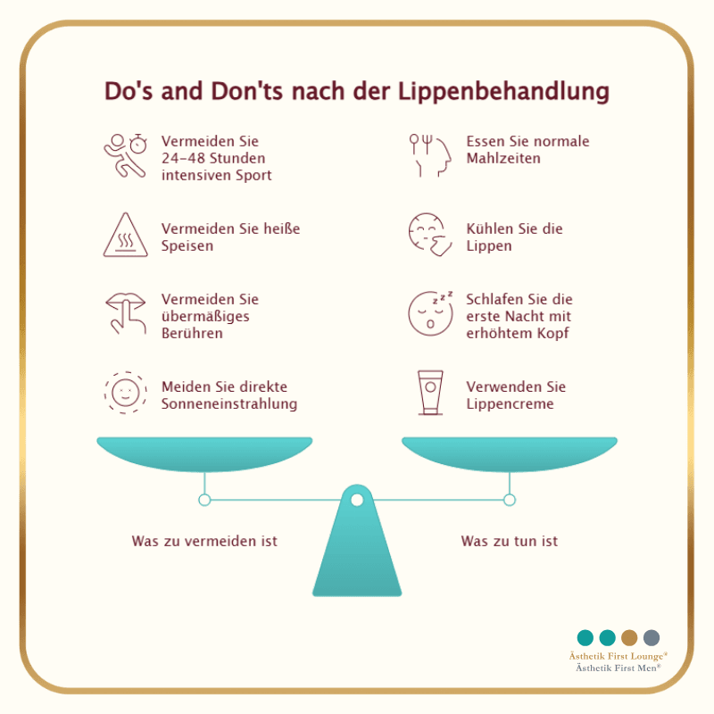 Übersicht der Do’s and Don’ts nach einer Lippenunterspritung mit Hyaluron – mit Tipps, was vermieden und was empfohlen wird.